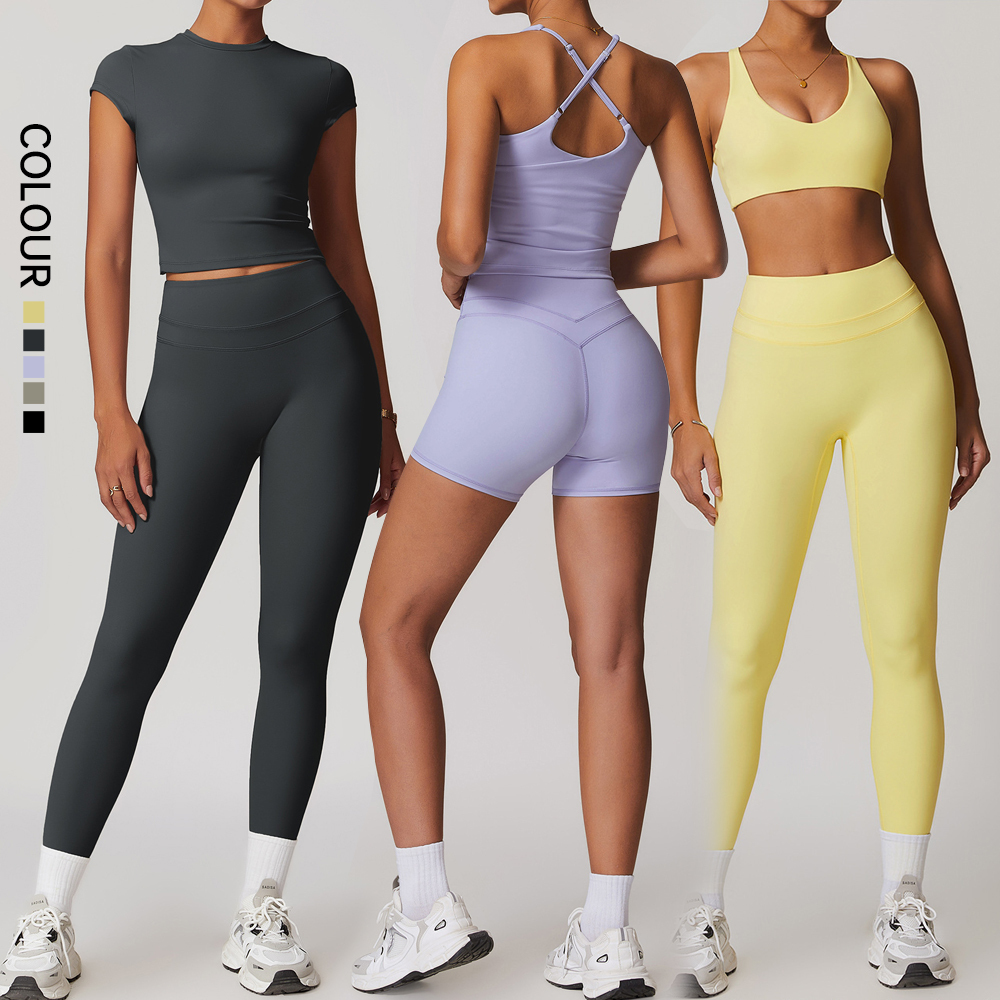 SHINBENE Women 6Pcs High Waist Leggings Shorts With Padded Sports Bra T-shirt Crop Tops Yoga Active Sets Gym Clothes