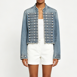 Veste en <span class=keywords><strong>jean</strong></span> pour <span class=keywords><strong>femme</strong></span>, col montant, style minimaliste, courte, streetwear, décontractée, mode féminine, boutonnée, style trucker, personnalisable OEM - Product Image 1