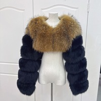 Veste Courte en Fourrure de Renard et de Raton Laveur Double Trame de Luxe de Haute Qualité RX Furs avec Deux Manches Longues en Fourrure pour Femme
