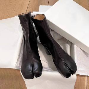 Bottes à talon carré amincissant mi-mollet en cuir véritable à bout fendu pour femme, style Niche, polyvalentes au quotidien - Product Image 4