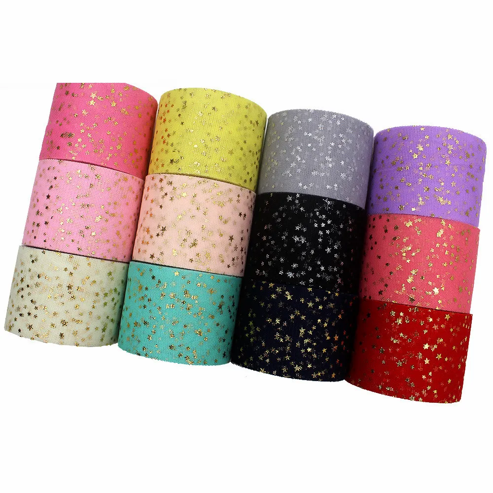 5.5Cm Spool Vải Mềm Vàng Lá Lưới Ribbon Tinh Khiết Lụa Tulle Ribbon Với Sao