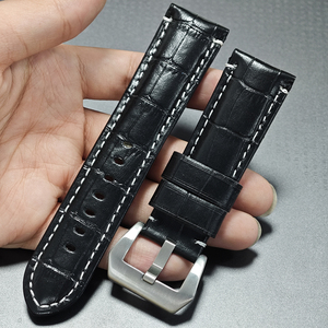 <span class=keywords><strong>Bracelet</strong></span> <span class=keywords><strong>de</strong></span> <span class=keywords><strong>montre</strong></span> en cuir vintage 24 mm noir avec ligne blanche pour Panerai Seiko <span class=keywords><strong>Fossil</strong></span> Bell & Ross BR01 avec boucle argentée - Product Image 4