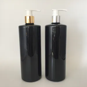 Eco Friendly 500ml Vazio 16oz recipiente garrafa de plástico preto com bomba de loção ouro prata tampa superior, garrafa de shampoo da cor preta