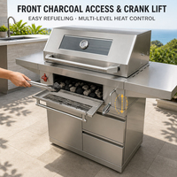 Barbecue au charbon de bois autoportant pour extérieur avec portes d'armoire et tiroir, grilles en acier inoxydable 304 de 8 mm, tables latérales et 4 roues
