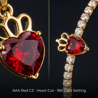 Ensemble de bijoux en acier inoxydable 316L plaqué or 18K avec couronne en forme de cœur et CZ rouge, collier, bracelet, bague, boucles d'oreilles, hypoallergénique, OEM, vente en gros