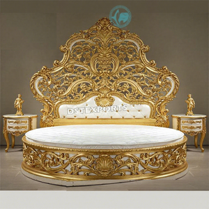 Full <b>Size</b> Round Bedroom Set Indian Teak Wood Hand Carved Modern Design Golden Polish Platform <b>Bed</b> - Product Image 1