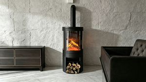 Popular Chimenea Eléctrica de Vidrio Curvo de 3 Lados, Estufa Metálica Independiente con Llama Simulada 3D Ajustable y Chimenea Decorativa - Product Image 2