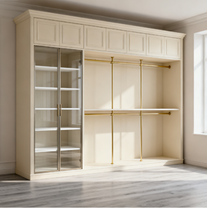 Armoire <span class=keywords><strong>de</strong></span> chambre à coucher <span class=keywords><strong>de</strong></span> grand espace <span class=keywords><strong>avec</strong></span> portes en verre étagères ouvertes et tringles à vêtements dorées Rangement spacieux Convient à la décoration <span class=keywords><strong>de</strong></span> chambre à coucher moderne - Product Image 1