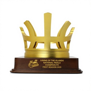 Trophée Couronne de Haute Qualité en Alliage de Zinc Plaqué Or, Gravé au Laser, Imprimé UV, Base en Bois, Personnalisé, 1er Prix - Product Image 1