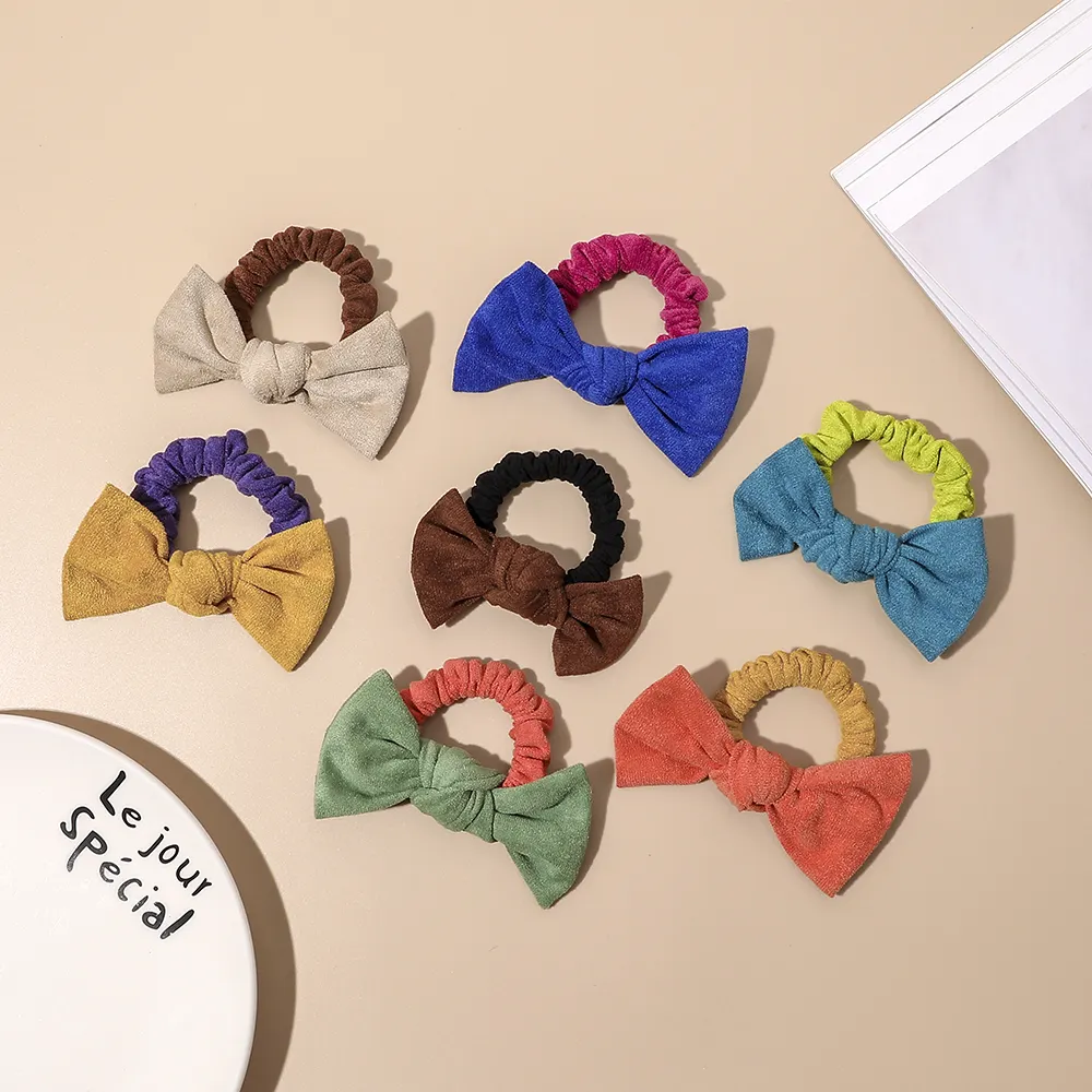 2022 Sweet New Design Suede Faux Leather Hair Bows Scrunchies Elastic Hair Ties For Girls