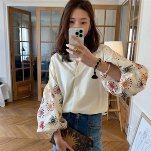 Women's White Retro Vintage ODM Half Placket Embroidered Blouse Loose Slouchy Conventional Sleeve <b>Romantic</b> Shirt - Product Image 3