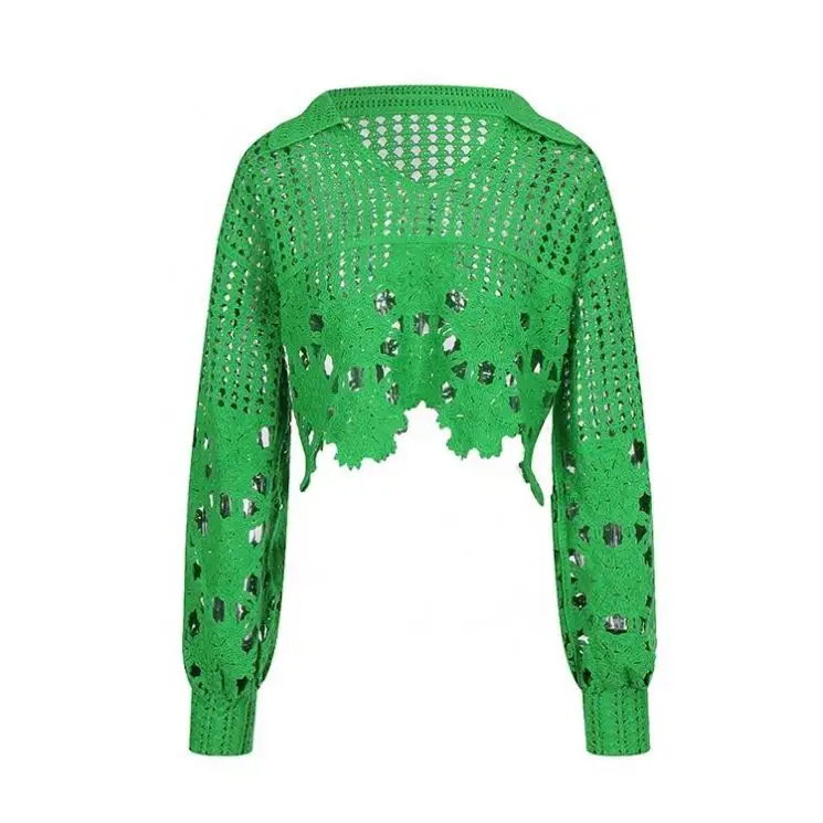 Knitwear Manufacturers Custom Green Polo Collar Long Sleeves Cutout Women Crochet Sweater