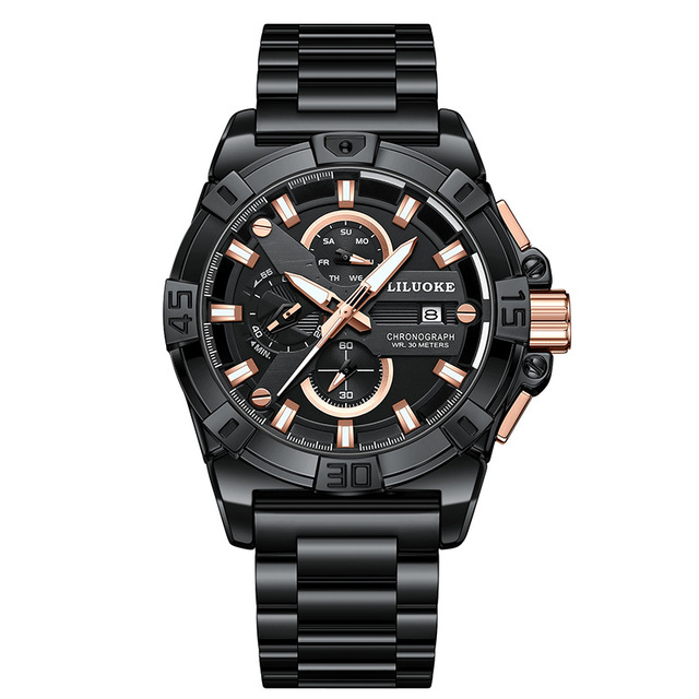 LILUOKE 9002 Men Watch Sport Stainless Steel Waterproof Quartz Watch Men's Multifunction Date Display Fashion Timeing Wristwatch