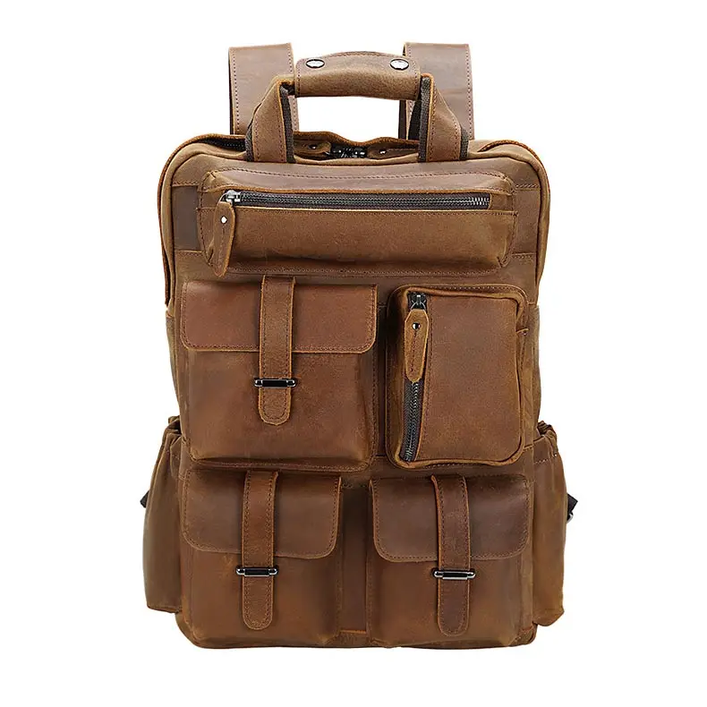 Ordenado masculino de couro legítimo, marca, vintage, bolsa para laptop, couro de vaca genuíno, mochila para viagem