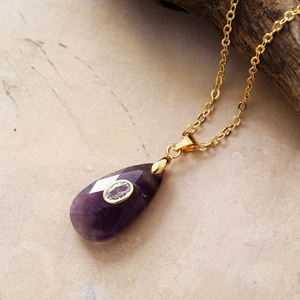 Rose Quartz Teardrop Pendant <b>Necklace</b> With <b>Ruby</b> Inlay Gold Chain Women's Jewelry Gift - Product Image 5