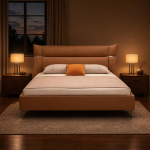Cadre de lit rembourré avec tête de lit à panneaux à deux niveaux et dossier ailé, en cuir rembourré, plateforme, pieds en métal, taille King, pour chambre d'hôtel - Product Image 2