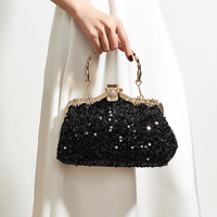 Pochette de soirée de luxe à sequins, sac à main vintage en forme de coquille avec fermoir Kiss Lock, sac de fête avec chaîne, sac à main de mariage étincelant pour femme