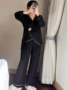 Conjunto de Pijamas de Manga Longa para Mulheres Tamanho Extra Grande, V-neck, Sólido, para 1-150kg, Roupas Confortáveis para Casa, Cardigan Solto - Product Image 5