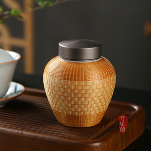 Zhuqige Bamboo Woven Tea Canister Round S Metal Lid Ceramic Traditional Chinese Travel Storage Jar - Product Image 1