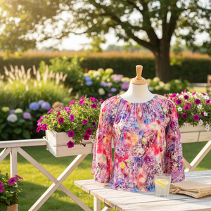 Chemise en viscose rose grande taille avec motif floral, col à volants, manches papillon - Été, écologique - Product Image 3