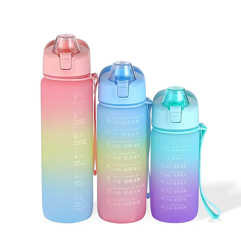 Özel logo 1000ml tritan zaman işaretleyici sızdırmaz spor degrade şişe kullanımlık su bisiklet su şişesi 2022