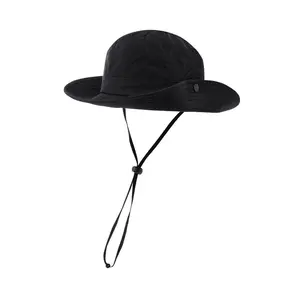 Chapeau d'été en coton noir pliable Sun Custom Bucket Hat Fishing Boonie Brim Cap Sun Safari Hat With Strings