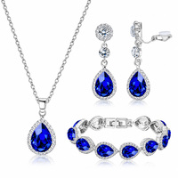 Parure de bijoux en strass goutte d'eau, collier, bracelet, boucles d'oreilles clipsables, couleur argent, bleu transparent, accessoires de mode pour femme pour les soirées