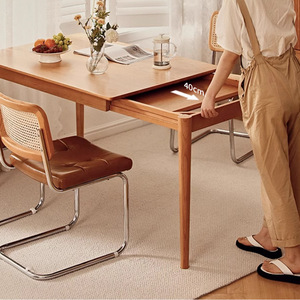 Table à manger extensible <span class=keywords><strong>en</strong></span> bois massif cerisier avec extension latérale simple, design minimaliste nordique pour petite maison - Product Image 1