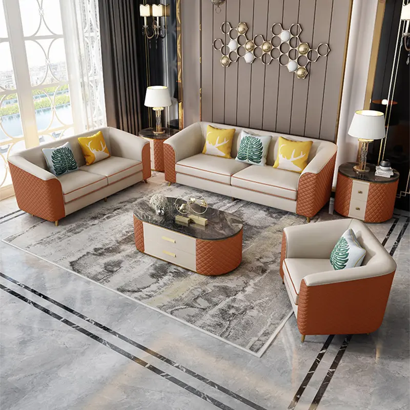 تصميم جديد غرفة المعيشة الفاخرة مجموعة أريكة جلدية أريكة راقية تصميم المنزل أثاث الفندق