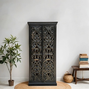 Hand-Carved Solid Wood <b>Wardrobe</b> Almirah with Ornate Floral Design | Antique Black Tall Storage Cabinet | Luxury Bedroom <b>Wardrobe</b> - Product Image 5