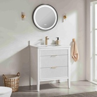 Meuble-lavabo de salle de bain autoportant en bois massif cannelé blanc avec 3 tiroirs, option miroir LED intelligent