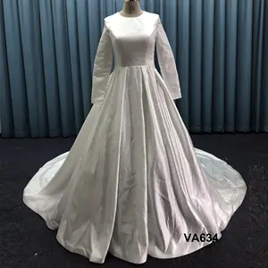 Satin plain design Muslim long sleeves ball guangzhou dress factory affordable full cover up wedding gown