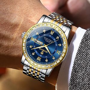 Binbond Men's Quartz Watch Blue Dial Diamond Bezel Stainless Steel Band Date Week Display Waterproof 30M Analog Wristwatch - Product Image 3