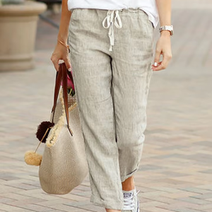 <span class=keywords><strong>Pantaloni</strong></span> Estivi da <span class=keywords><strong>Donna</strong></span> Casual a Gamba Larga in Cotone e <span class=keywords><strong>Lino</strong></span> con Vita Media Elasticizzata e Coulisse Tinta Unita Effetto Stropicciato - Product Image 1