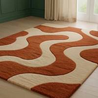 Orange Cream Abstract Area Rug | Hand Tufted Wavy Pattern Carpet with Latex Backing for Living Room & Hall Decor