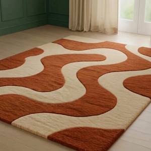 Alfombra Abstracta Color Crema Naranja |   Alfombra con Patrón Ondulado Hecha a Mano con Base de Látex para Decoración de Sala de Estar y Pasillo - Product Image 2