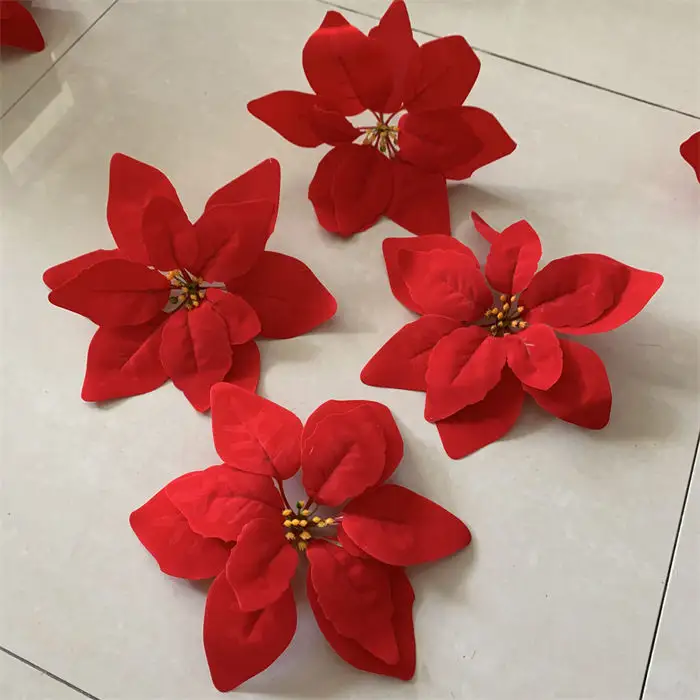 L-115 Cheaper Christmas Decoration Flowers Velvet Material Red Artificial Poinsettia Flower