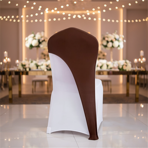 Fundas de Silla Elásticas de Tela Marrón al por Mayor para Bodas, Banquetes, Fiestas y Eventos con Falda y Respaldo Medio - Product Image 1