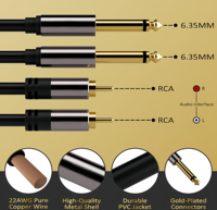 Câble audio 2RCA vers double 6,35 mm (1/4 pouce) TS, 2 x 6,35 mm (1/4 pouce) vers 2RCA, coque en cuivre plaqué or pour haut-parleur, mixeur, amplificateur