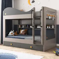 クールなデザインの子供用寝室セット本棚付き男の子用グレーカラー木製二段ベッド