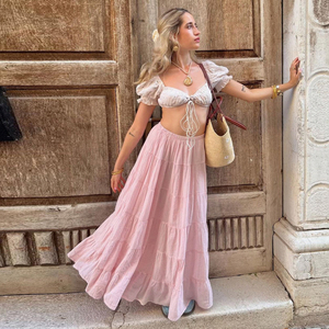 Falda Maxi de Mujer con Cintura Fruncida Natural, Tejida, Suave, de Color Liso, Estilo Línea A, Fluida, con Forro Antiexposición, Ideal para Vacaciones en la Playa - Product Image 1