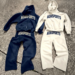 AUASPORTS Unisex Tracksuit Set Hooded Sweatshirt & <b>Pants</b> Full Length Solid Color Casual Style 100% Cotton Breathable Midweight - Product Image 1