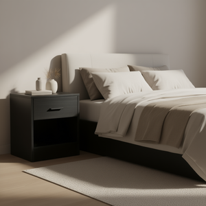 Table de chevet moderne en bois noir veiné avec tiroir de rangement, meuble de chambre à coucher pour salon et chambre - Product Image 2
