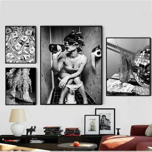 Póster de Moda <span class=keywords><strong>para</strong></span> Baño, Impresión Original en Lienzo con Pintura de Acuarela de Estilo Moderno de Mujer Sexy Sentada en el Inodoro y Fumando - Product Image 3