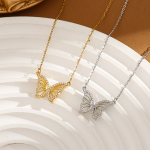 Butterfly Pendant Necklace <b>Titanium</b> Steel Zircon Hollow <b>Chain</b> O-Shaped <b>Chain</b> 41-50cm Women's Fashion Jewelry - Product Image 2