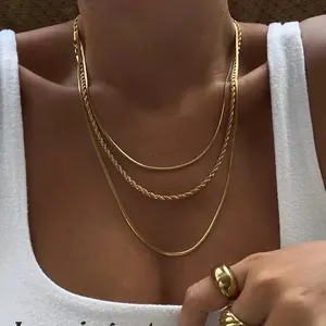 Elegant Gold Plated Stainless Steel Triple Three Layers Snake Rope Chain Necklace Blank Charms for Mother's Day Gifts