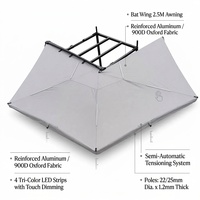 Auvent de Voiture Aile de Chauve-Souris 2,5M 900D Oxford Imperméable Résistant aux Déchirures Aluminium Semi-Automatique 4 LED Tricolores Universel SUV 4x4 Tout-Terrain