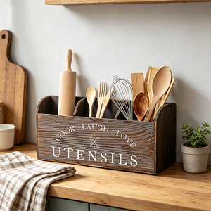 Portautensili da Cucina <span class=keywords><strong>in</strong></span> <span class=keywords><strong>Legno</strong></span> Stile Rustico a 3 Scomparti con Manico per Piano di Lavoro - Product Image 2