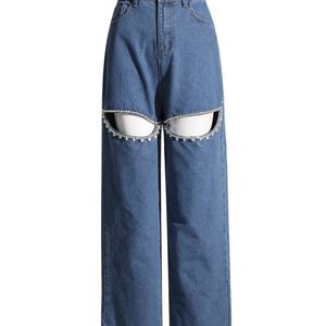 กางเกงยีนส์ขายดีทรงคาร์โก้เอวสูงขากว้างสำหรับผู้หญิง ผ้าเดนิมฟอกลายเพชรแบบโปร่ง มีกระเป๋าหลายช่อง ยืดได้ - Product Image 2