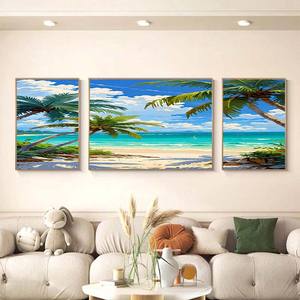 Playa puesta de sol lienzo pared pintura océano olas paisaje marino tríptico costero sala de estar hogar Decoración pared arte impresión paisaje pintura - Product Image 2